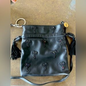 Black Leather Crossbody Bag with Embroidered Palm Trees